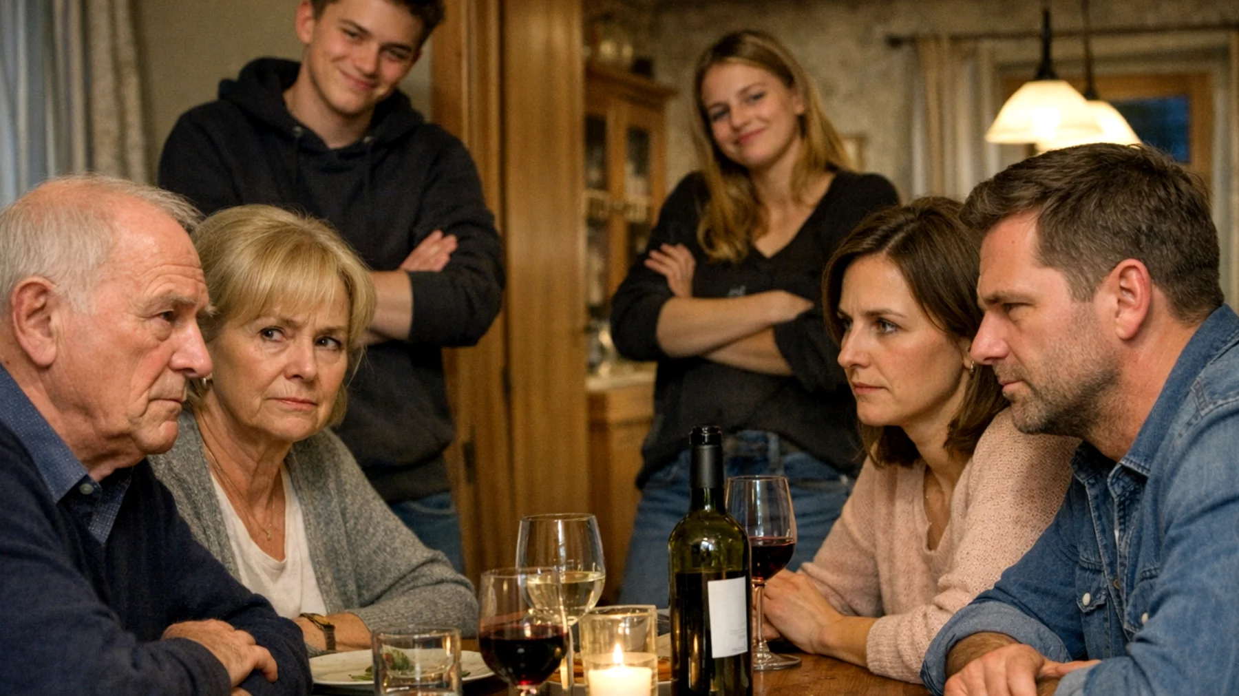 Die Großeltern befinden sich in einem anhaltenden Konflikt mit der erweiterten Familie – insbesondere mit den Eltern der Jugendlichen – über Erziehungsstile, Werte und Grenzen. Die Großeltern erlauben den Enkeln Dinge, die von den Eltern verboten wurden, was zu Spannungen, Uneinigkeit und Verwirrung bei den Jugendlichen führt. Die Jugendlichen nutzen diese Uneinigkeit aus, indem sie die Großeltern gegen die Eltern ausspielen, was die familiären Beziehungen weiter belastet."