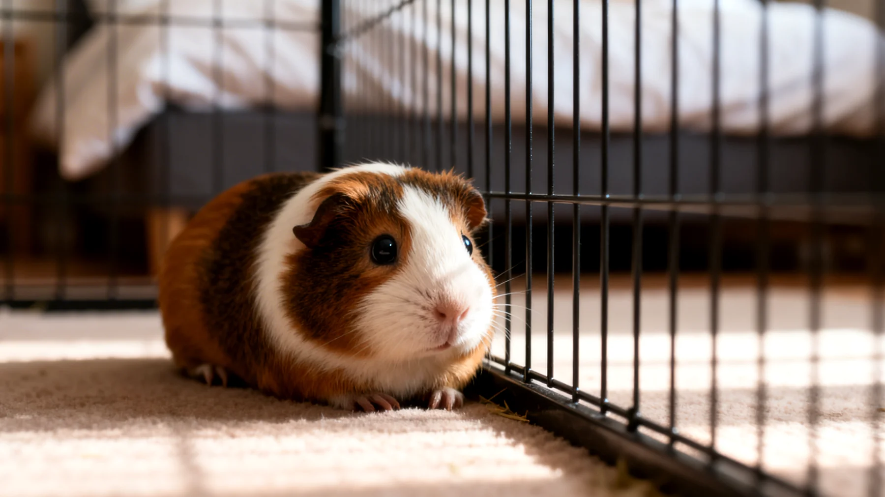 Junges Meerschweinchen zeigt Stressverhalten durch laute Geräusche, plötzliche Bewegungen oder Trennungsangst von Geschwistern, benötigt sanfte Eingewöhnungsmethoden und eine ruhige, sichere Umgebung zur Entspannung"