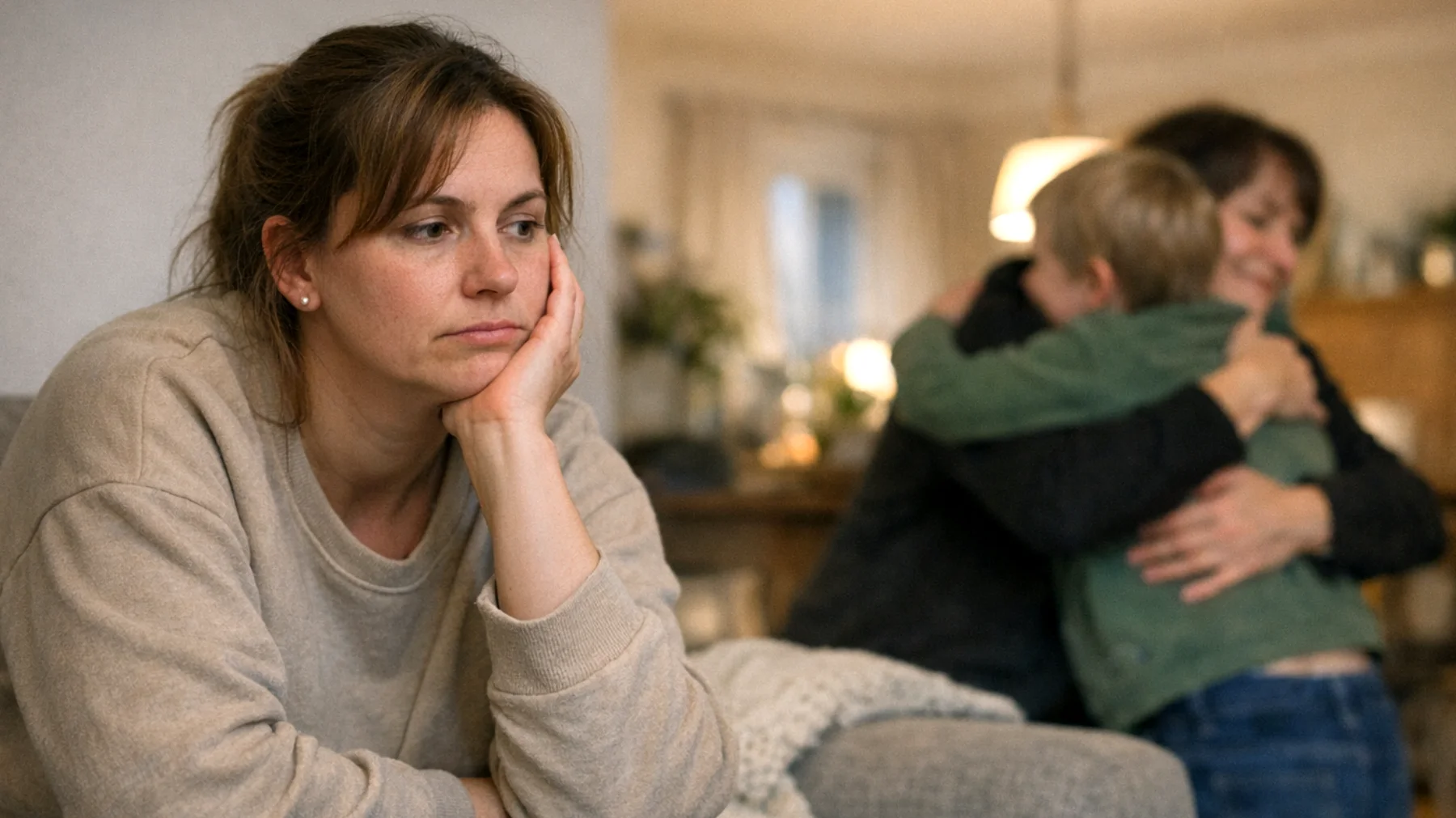 Die Mutter fühlt sich überfordert und verletzt, weil ihr Kind offensichtlich eine stärkere Bindung zum anderen Elternteil oder Geschwister zeigt. Sie beobachtet, wie ihr Kind bei Konflikten oder Zärtlichkeiten immer die andere Person bevorzugt, und fragt sich, ob sie als Mutter versagt hat oder ob ihre Liebe nicht ausreicht."