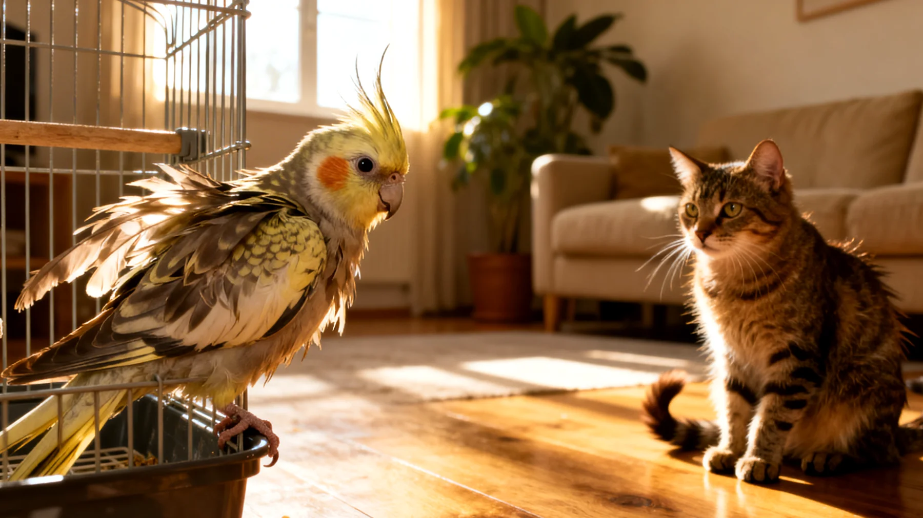 Nymphensittiche zeigen häufig Stress und Territorialverhalten beim Zusammenleben mit anderen Haustieren im Haus, was zu Lärmbelästigung, Federrupfen und angespannter Atmosphäre führen kann"