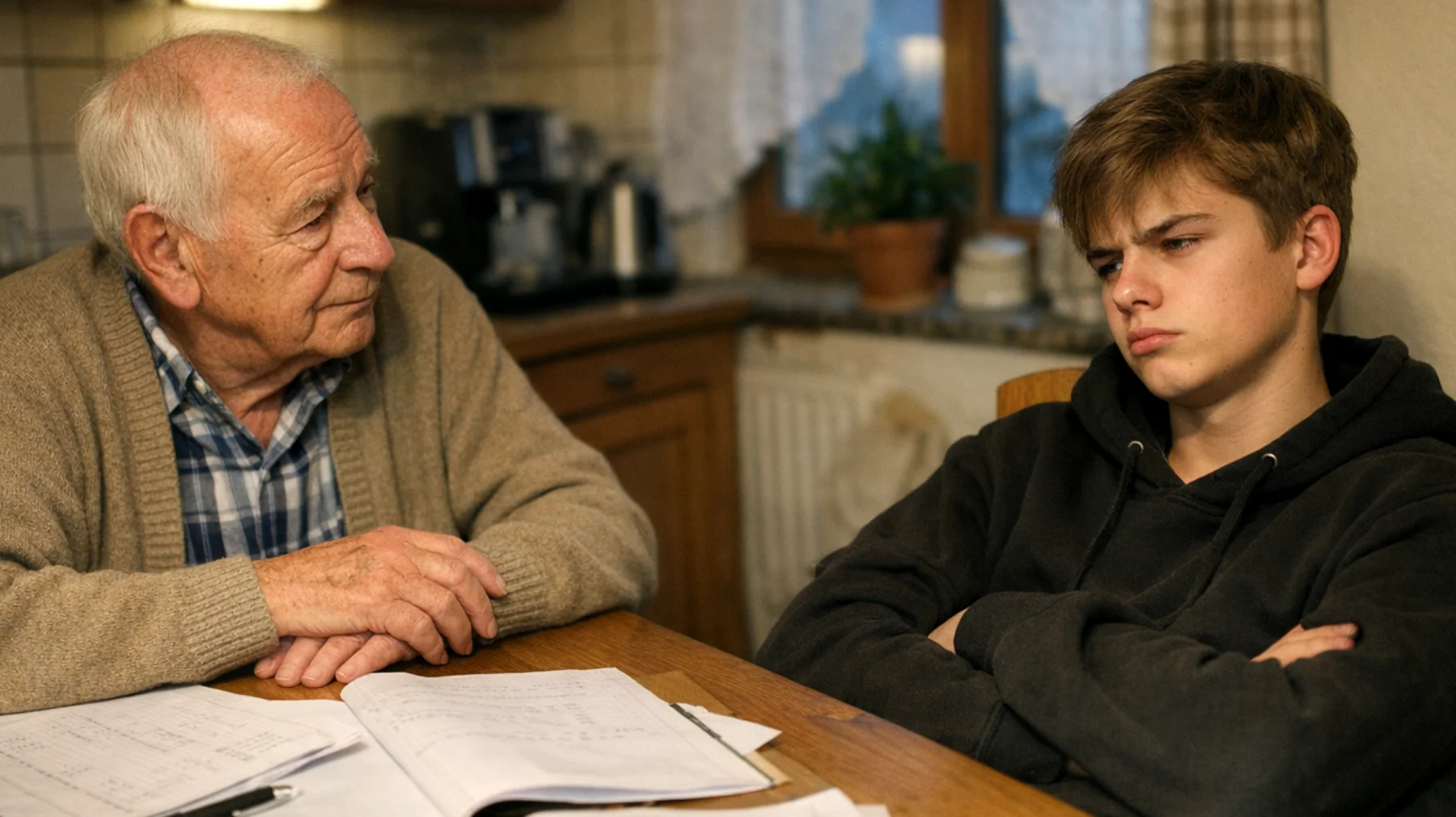 Der Opa bemerkt, dass sein Enkelkind (Teenager) zunehmend die Schule vernachlässigt, keine Hausaufgaben macht und jegliches Interesse am Lernen verloren hat. Der Jugendliche zeigt eine ablehnende Haltung gegenüber schulischen Verpflichtungen und reagiert auf das Thema mit Gleichgültigkeit oder Gereiztheit. Der Opa fühlt sich hilflos und weiß nicht, wie er seinen Enkel wieder motivieren kann, ohne Konflikte zu erzeugen oder die Beziehung zu gefährden."