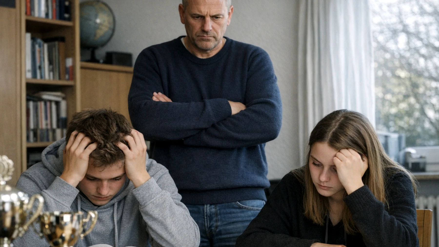 Ein Vater übt erheblichen Druck auf seine jugendlichen Kinder aus, indem er überhöhte Erwartungen an schulische Leistungen, sportliche Erfolge und persönliche Entwicklung stellt. Die Jugendlichen fühlen sich ständig bewertet und nie gut genug, was zu Stress, Angst und dem Gefühl führt, die Zuneigung des Vaters von ihren Leistungen abhängig zu machen."